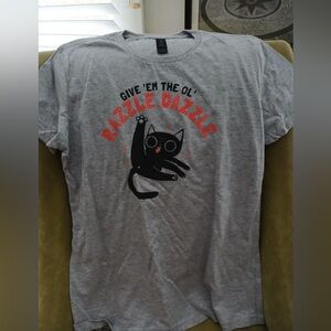 Get ‘Em the Ol’ Razzle Dazzle Light Gray Cat T-Shirt with Red Accents